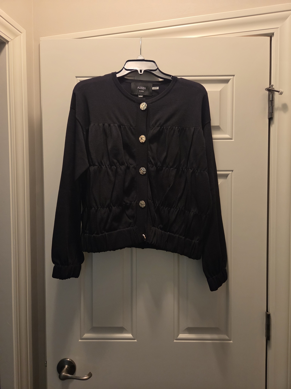 Aleeza Paris Black Quilted Button-Front Bomber Jacket